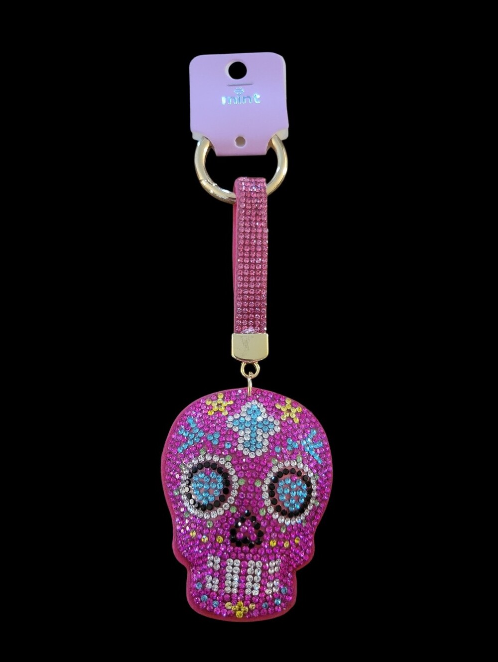 Mint Pink Crystal Sugar Skull Keyring Wristlet